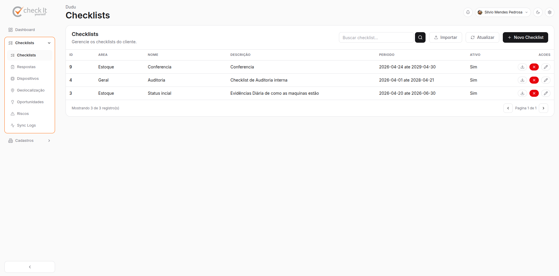 Tela web do CYS com listagem de checklists e status operacionais