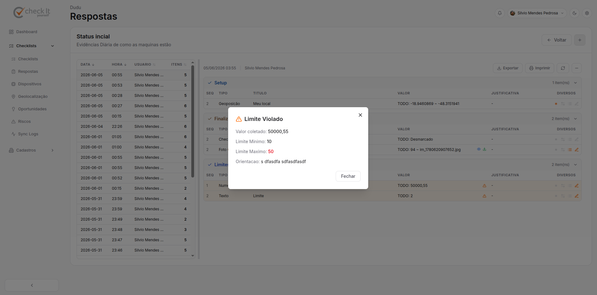 Tela web com configuração de resposta com limite